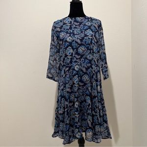 BARNEYS New York Size EU38, US 8 Blue Floral 100% Silk Chiffon Lined Flowy Dress